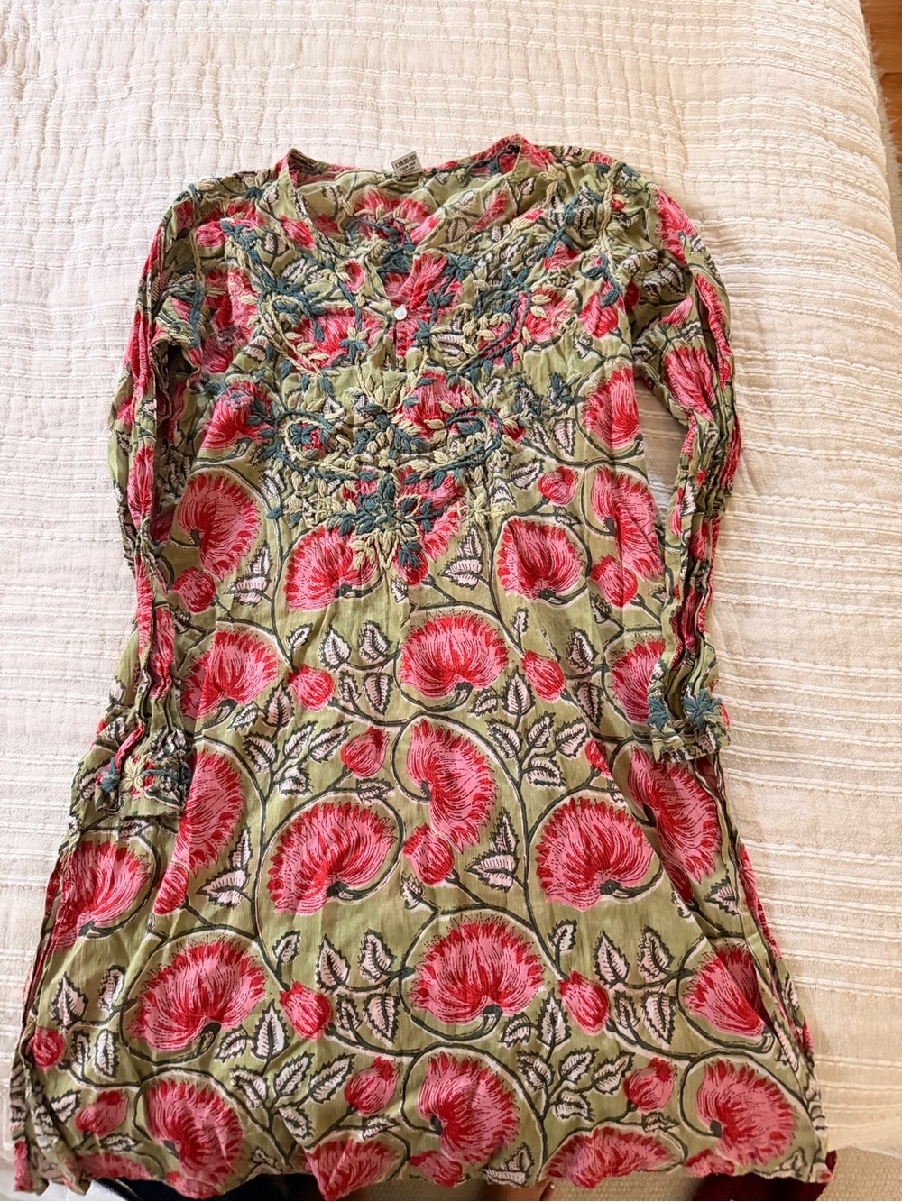 Raj Olive Green Tunic with Pink Floral Print
